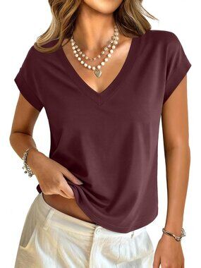 Women's Red Brown Short Sleeve Cotton V Neck Crop Tops Casual T Shirts Boxy